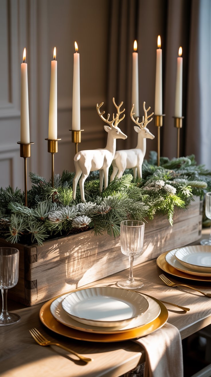 Centre de table en bois avec de hautes bougies et des figurines de cerfs