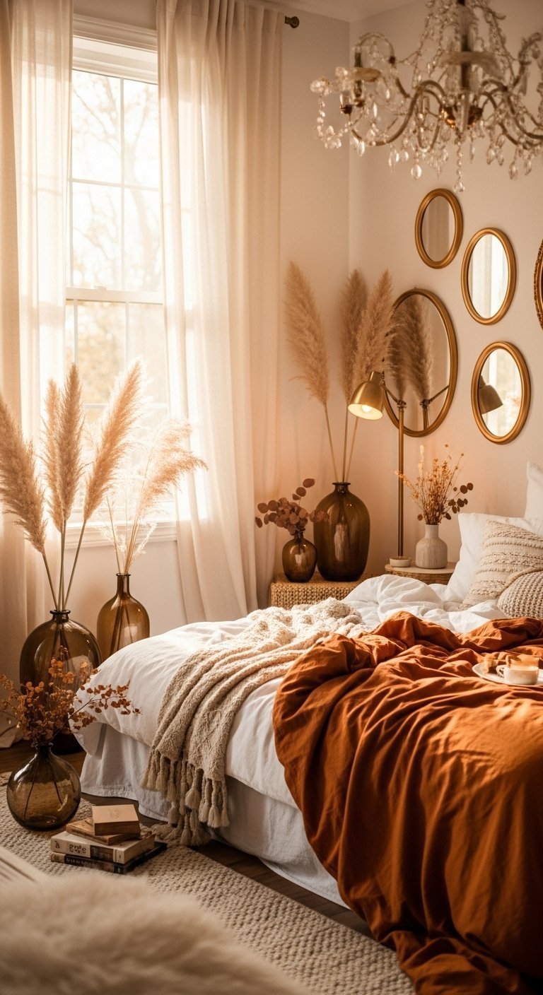 Chambre bohème chaleureuse avec herbes de la pampa et linge de lit orange