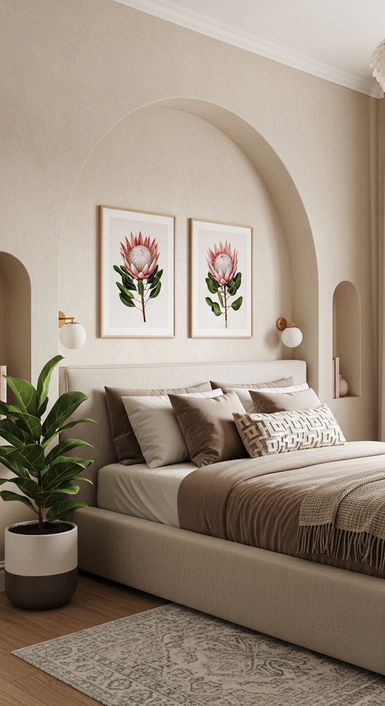 Chambre élégante avec mur à niches en arche et tons beiges
