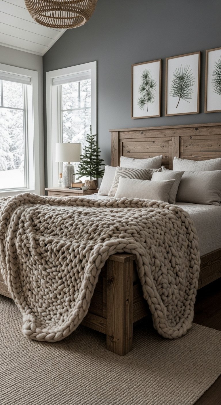 Chambre rustique style chalet avec lit en bois et plaid XXL