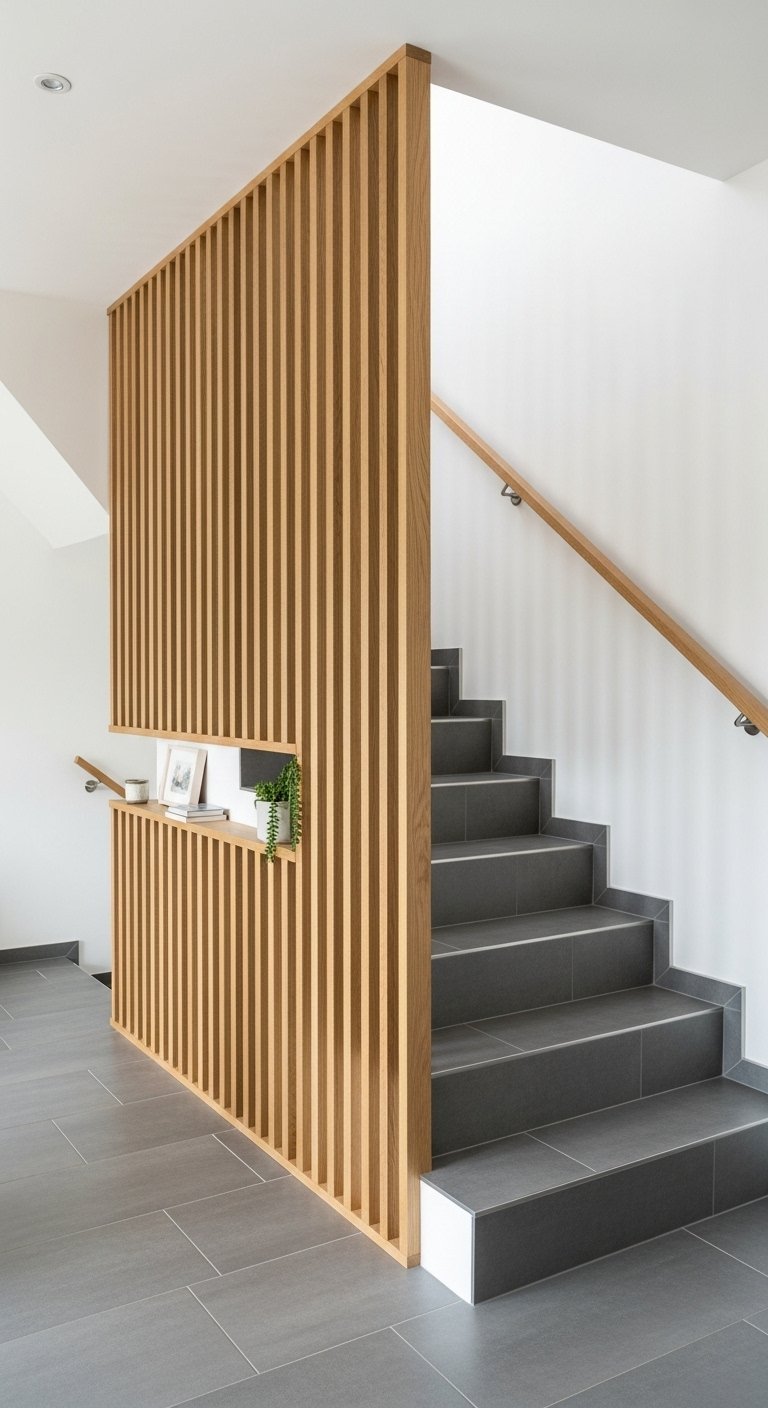 Claustra en bois pour escalier avec une petite niche décorative