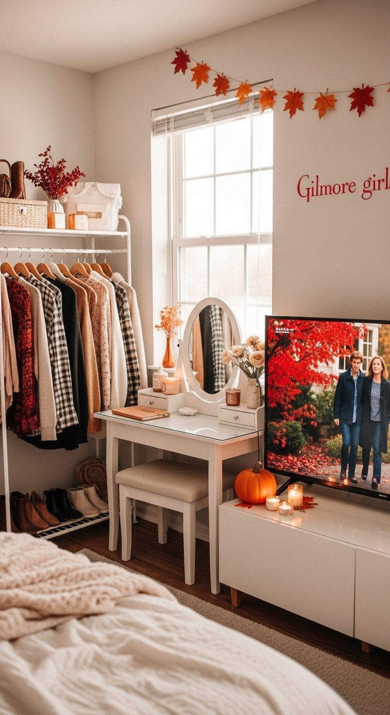 Coin coiffeuse et portant a vetements avec une decoration d automne discrete
