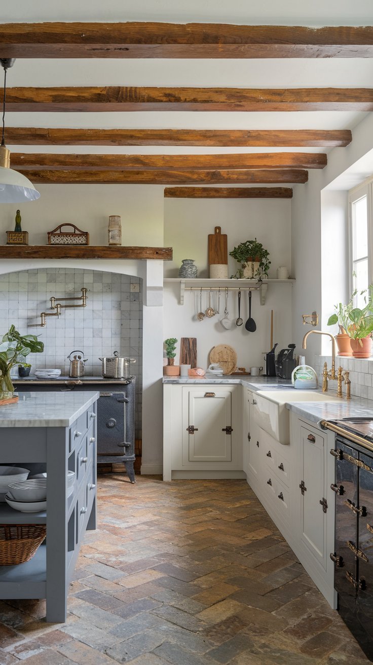 Cuisine de campagne avec sol en tomettes et poutres en bois sombre