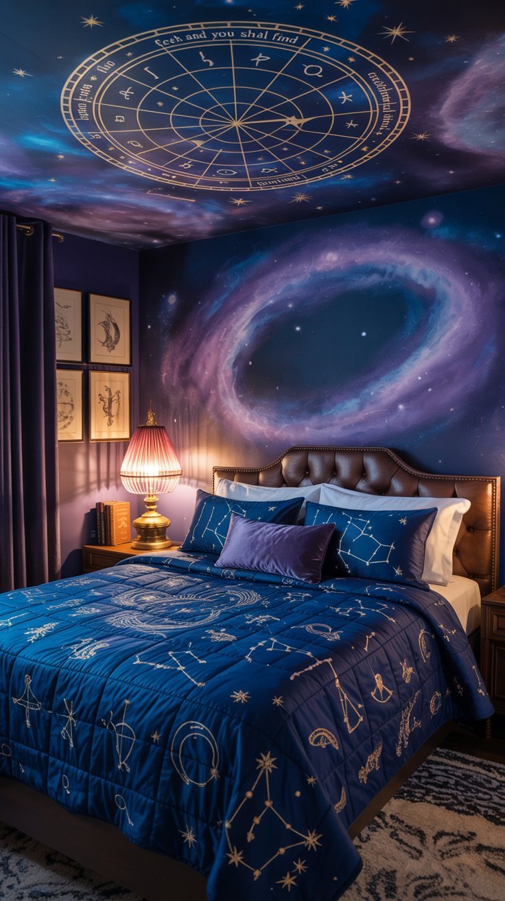 Décor de chambre de sorcière avec tenture des phases de la lune et chaudron