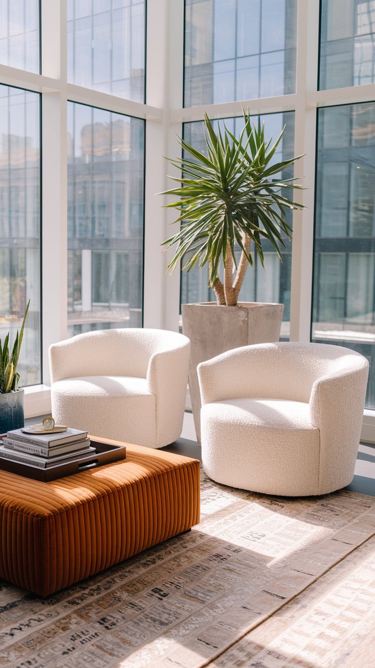 Deux fauteuils en tissu boucle blanc devant une baie vitree