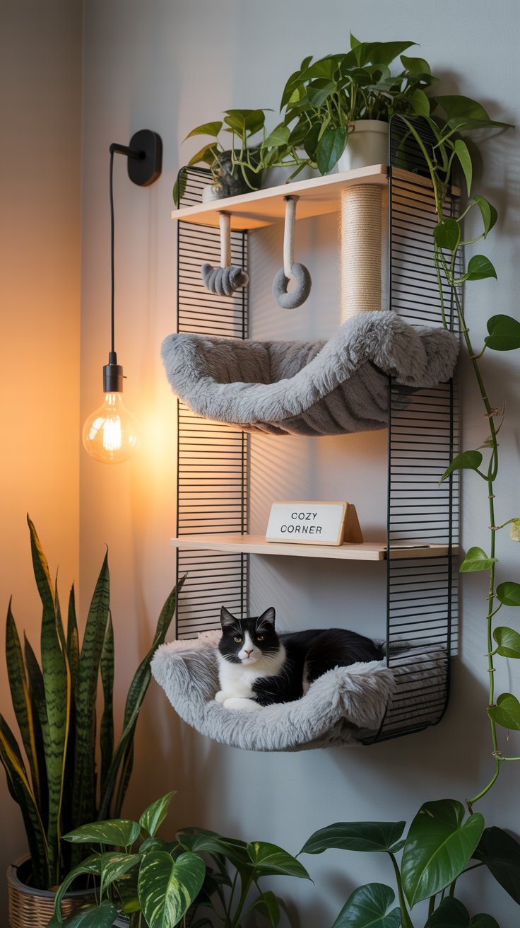 Étagère murale pour chat avec hamacs douillets et plantes vertes