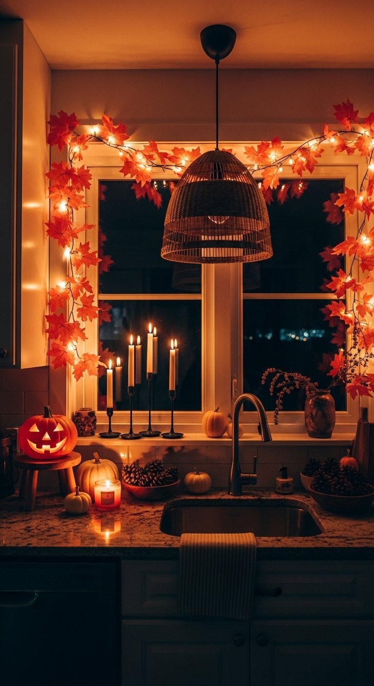 Fenêtre de cuisine décorée avec une guirlande de feuilles lumineuses et des bougies