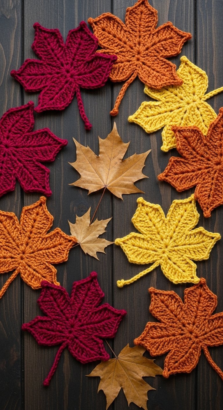 Feuilles d érable de différentes couleurs réalisées au crochet sur un fond en bois