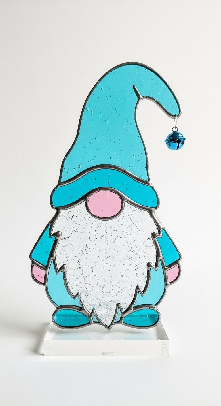 Gnome de Noël en vitrail bleu et blanc avec un grelot sur son chapeau