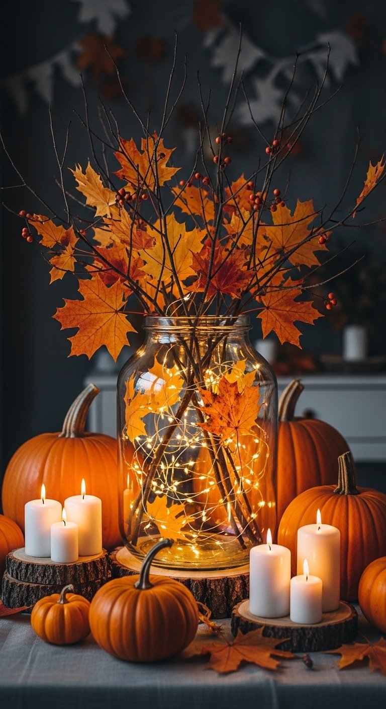 Grand bocal en verre transformé en lanterne avec feuilles d érable et lumières