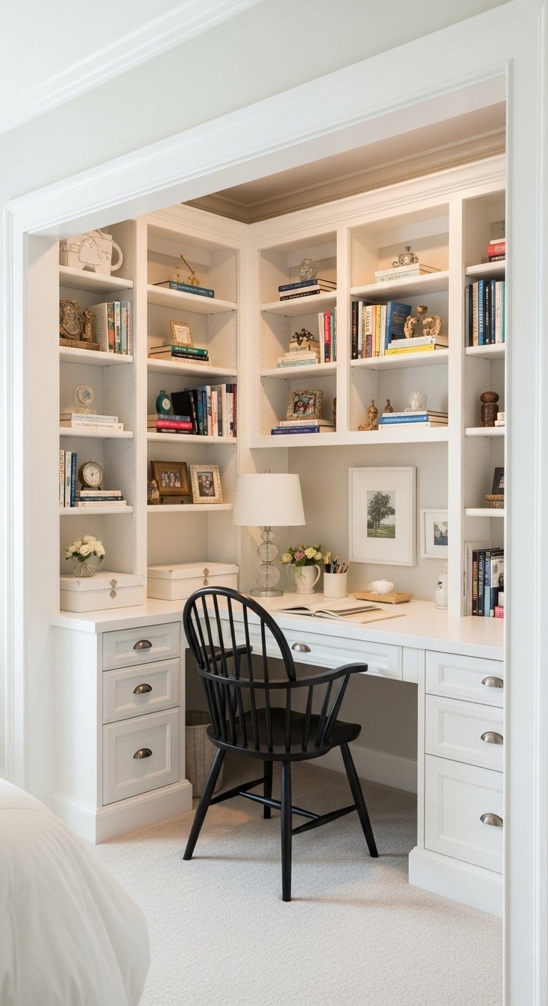 Grand bureau bibliothèque blanc avec une chaise Windsor noire