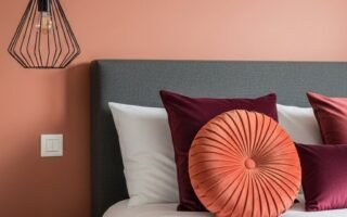 Lit gris avec coussins en velours devant un mur terracotta