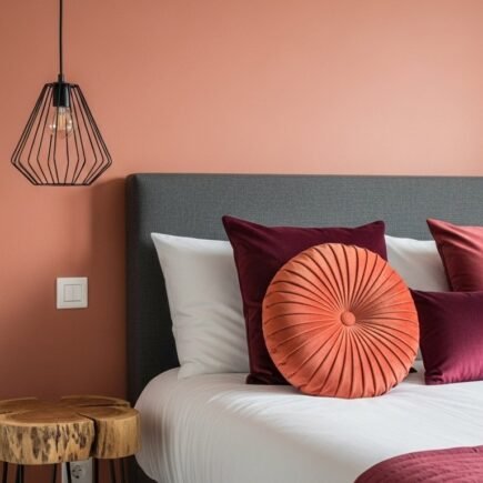 Lit gris avec coussins en velours devant un mur terracotta