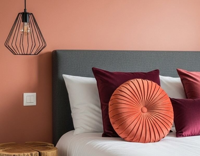 Lit gris avec coussins en velours devant un mur terracotta