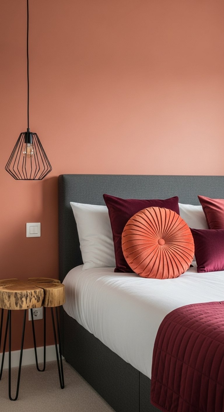 Lit gris avec coussins en velours devant un mur terracotta
