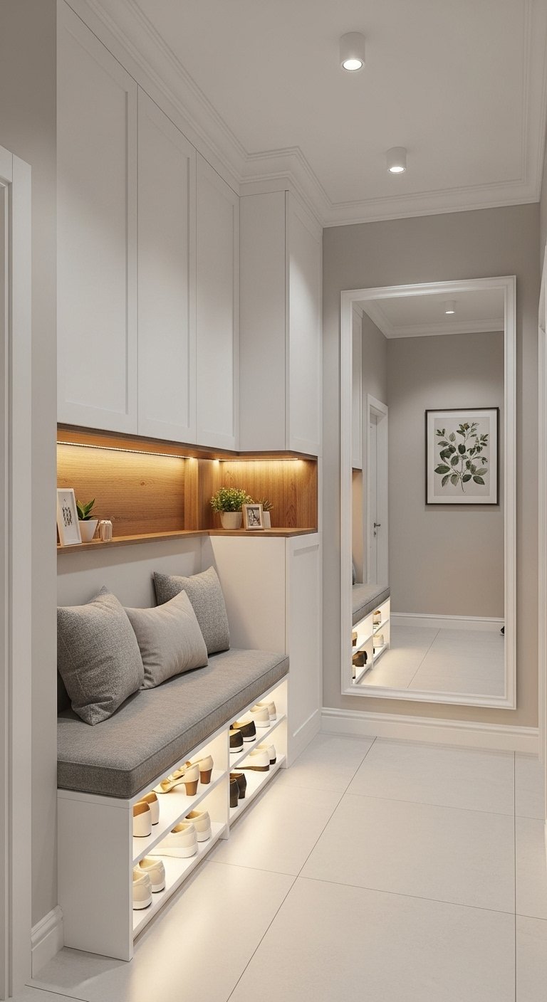 Meuble de couloir blanc sur mesure avec banc et casiers a chaussures eclaires