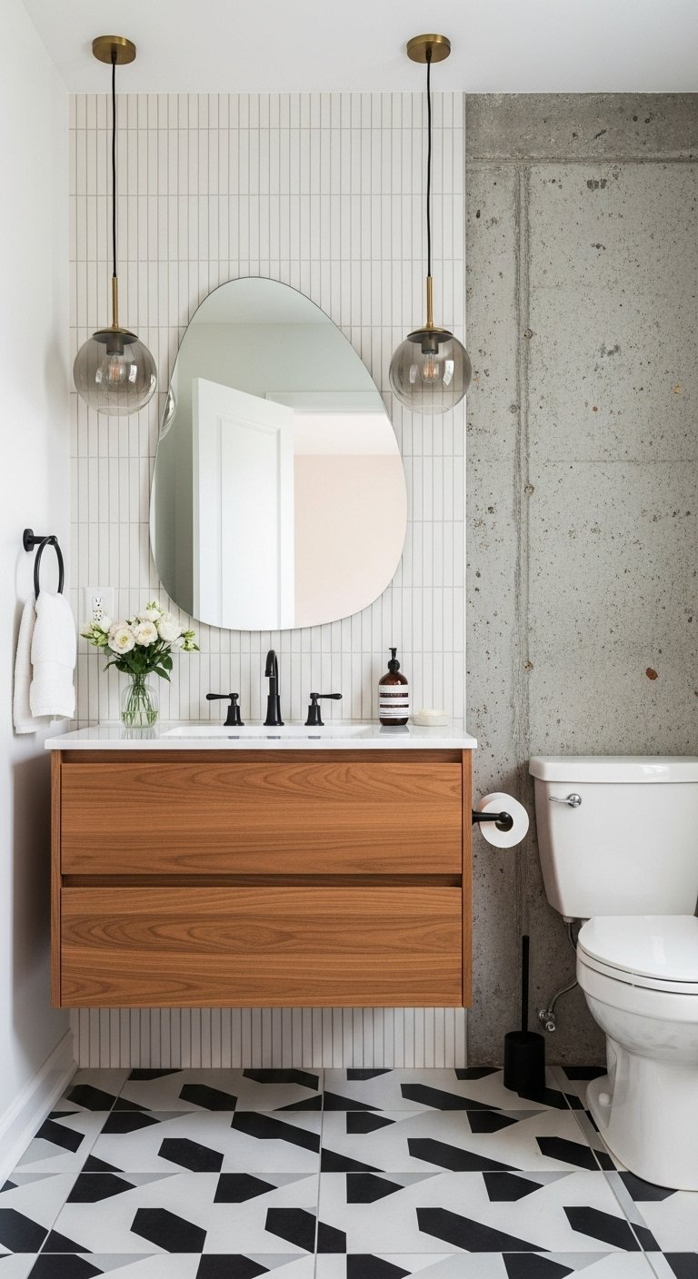Meuble de salle de bain en bois devant un mur en béton brut