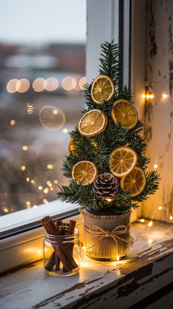 Mini sapin décoré de tranches d orange séchées sur un rebord de fenêtre