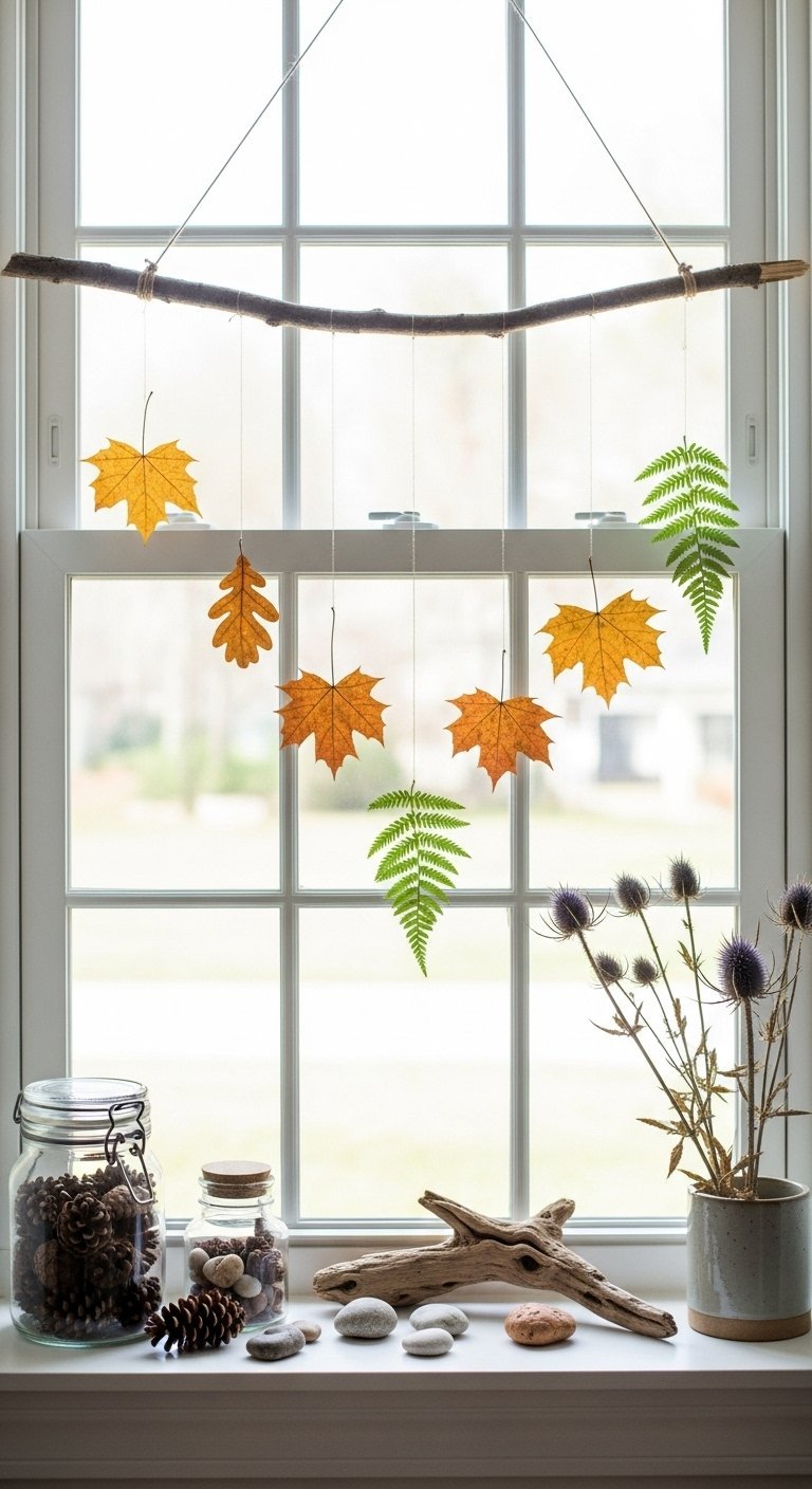 Mobile artisanal avec une branche en bois et des feuilles dautomne suspendues