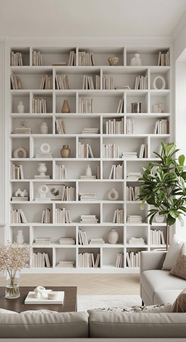 Mur de bibliotheque blanche avec niches asymetriques