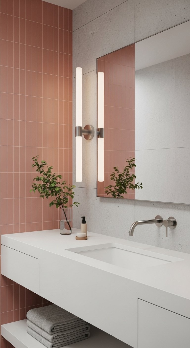 Mur en carrelage terracotta rosé à côté dun meuble blanc minimaliste