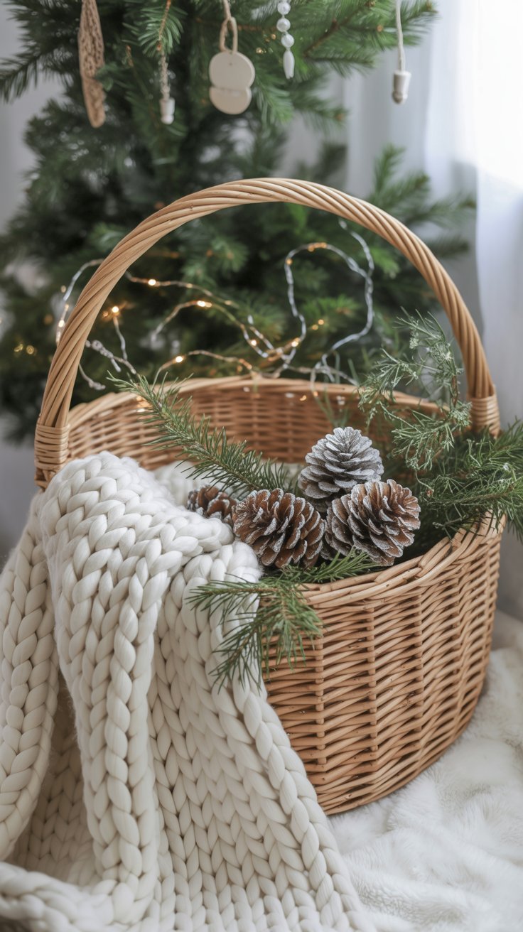 Panier en osier avec un plaid en grosse maille blanc et des pommes de pin