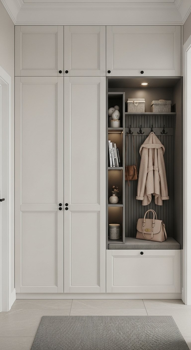 Placard blanc casse avec niche interieure gris fonce et patères