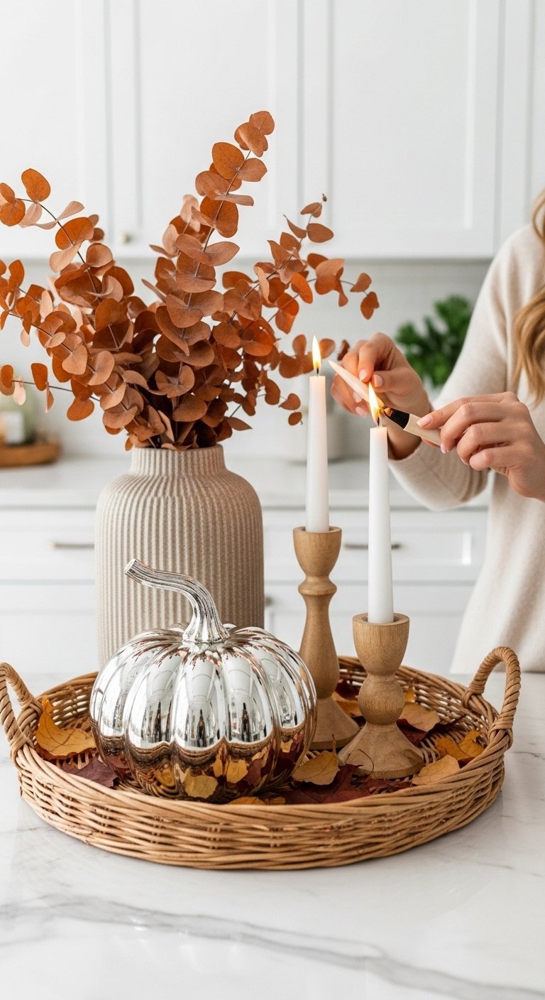 Plateau en osier avec une citrouille argentée et des chandeliers en bois