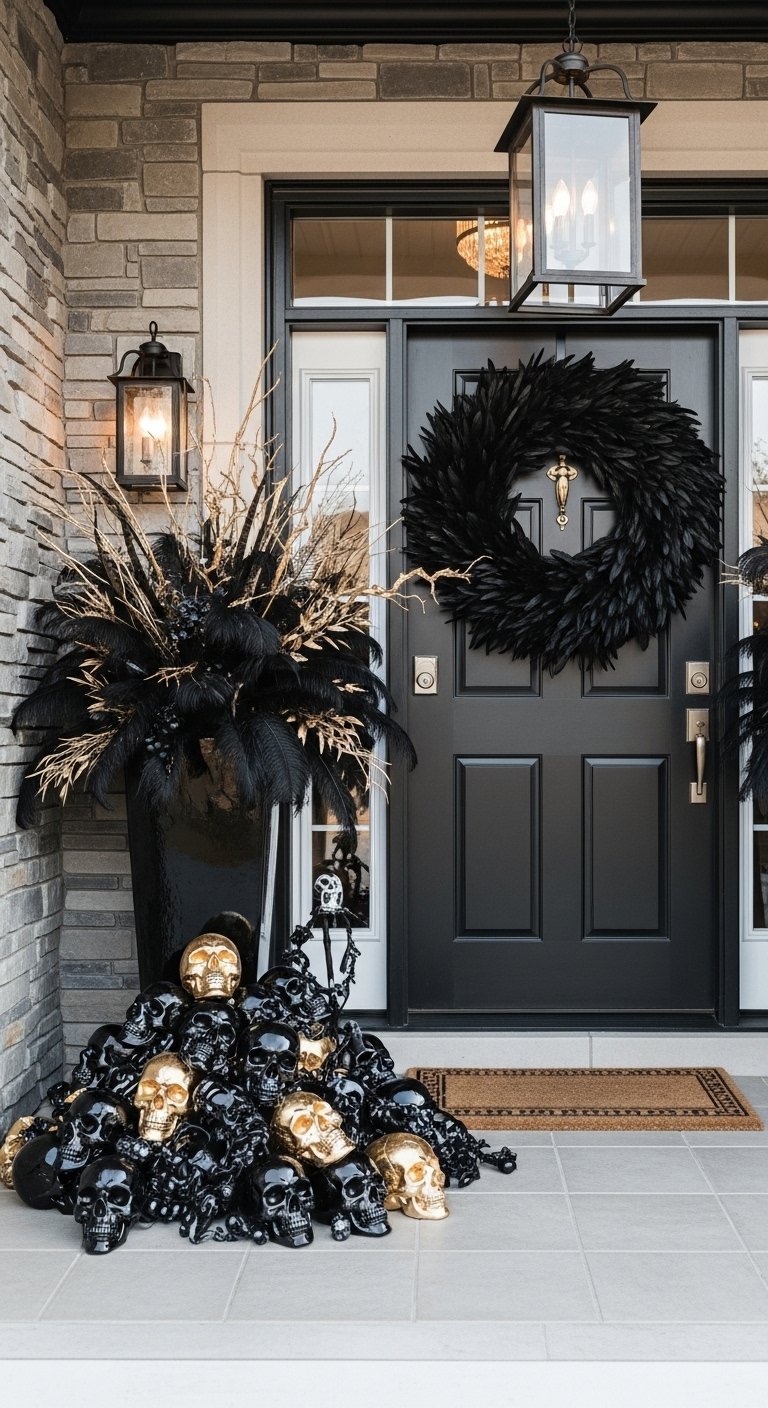 Porte noire avec couronne de plumes et crânes noirs et dorés