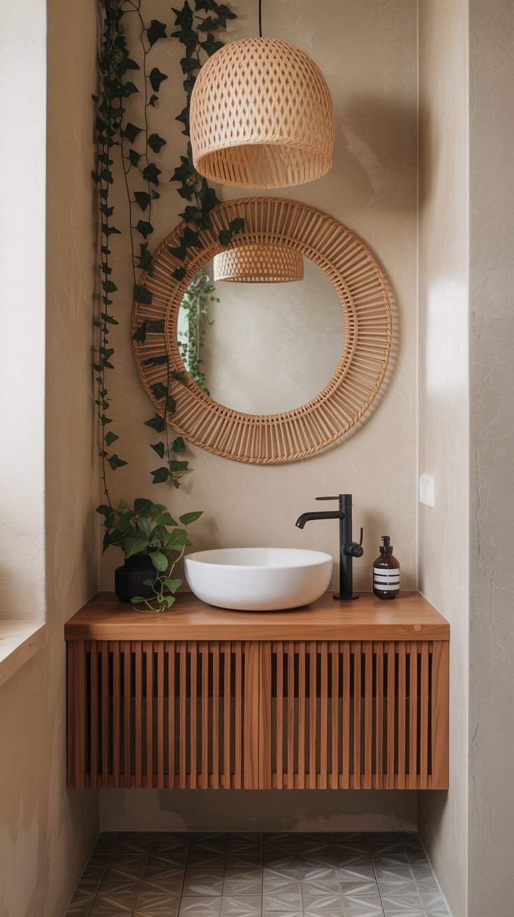 Salle de bain bohème avec meuble en bois à lattes et miroir en rotin
