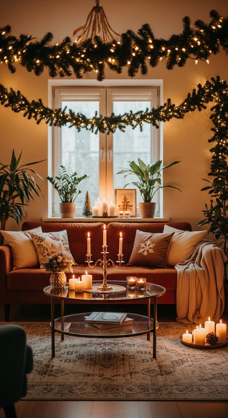 Salon décoré pour l hiver avec des guirlandes lumineuses et des bougies