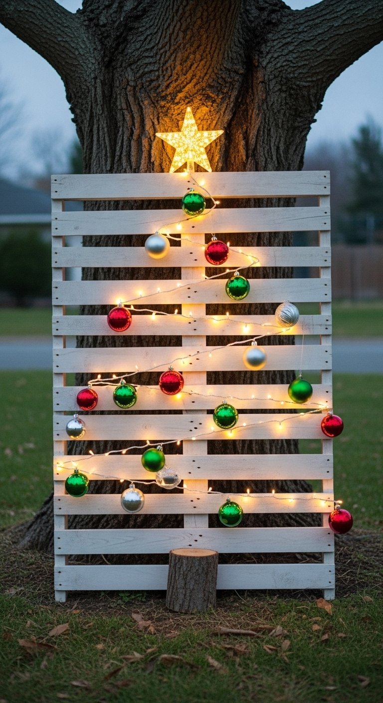 Sapin de Noël fabriqué à partir d une palette en bois peinte en blanc et décorée de boules