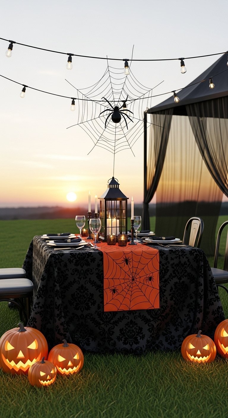 Table a diner d halloween dressee en exterieur au coucher du soleil