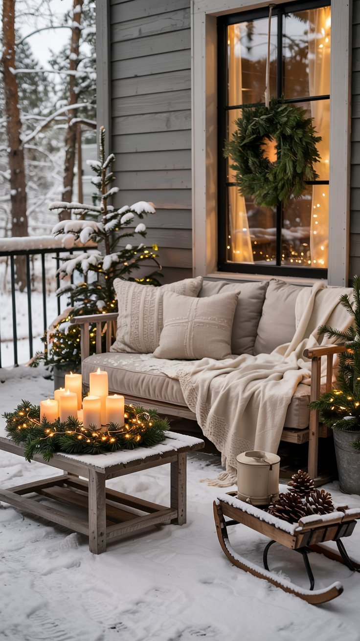 Terrasse en bois avec mobilier rustique et decoration de Noel neutre