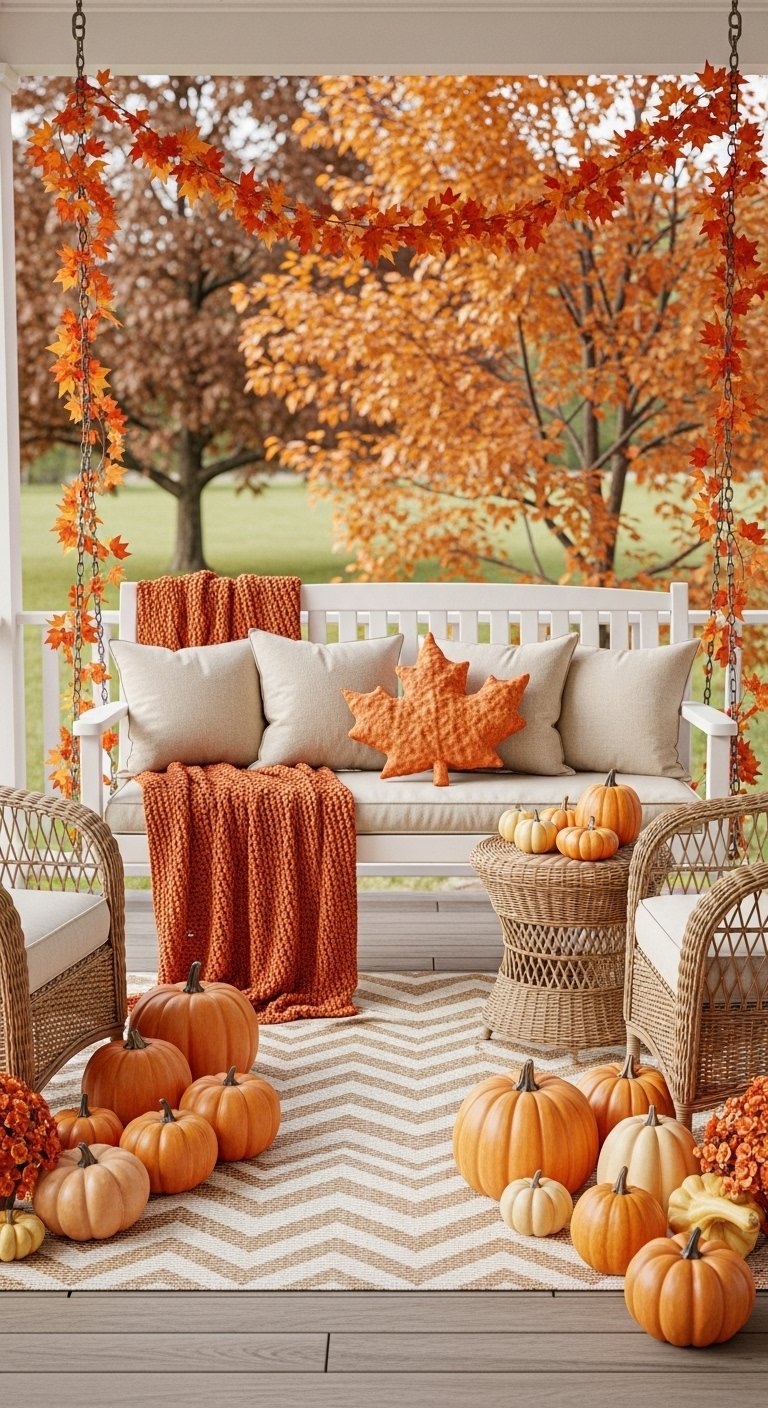 Balançoire de porche blanche décorée avec des citrouilles et des plaids orange