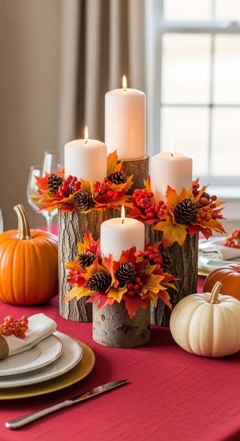 Bougies blanches sur des bûches de bois décorées de feuilles d automne