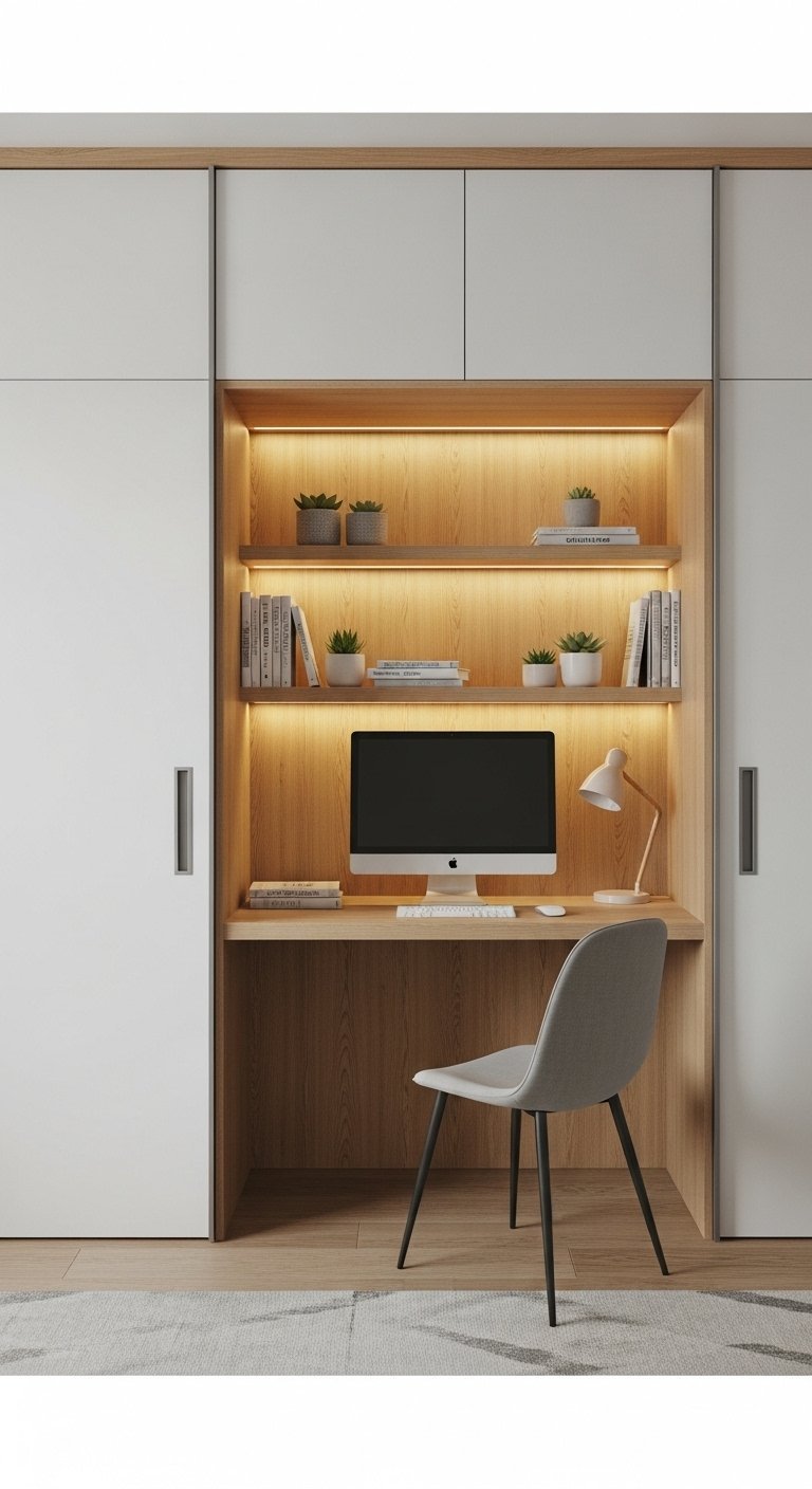 Bureau en bois clair dans une niche blanche décoré de plantes succulentes