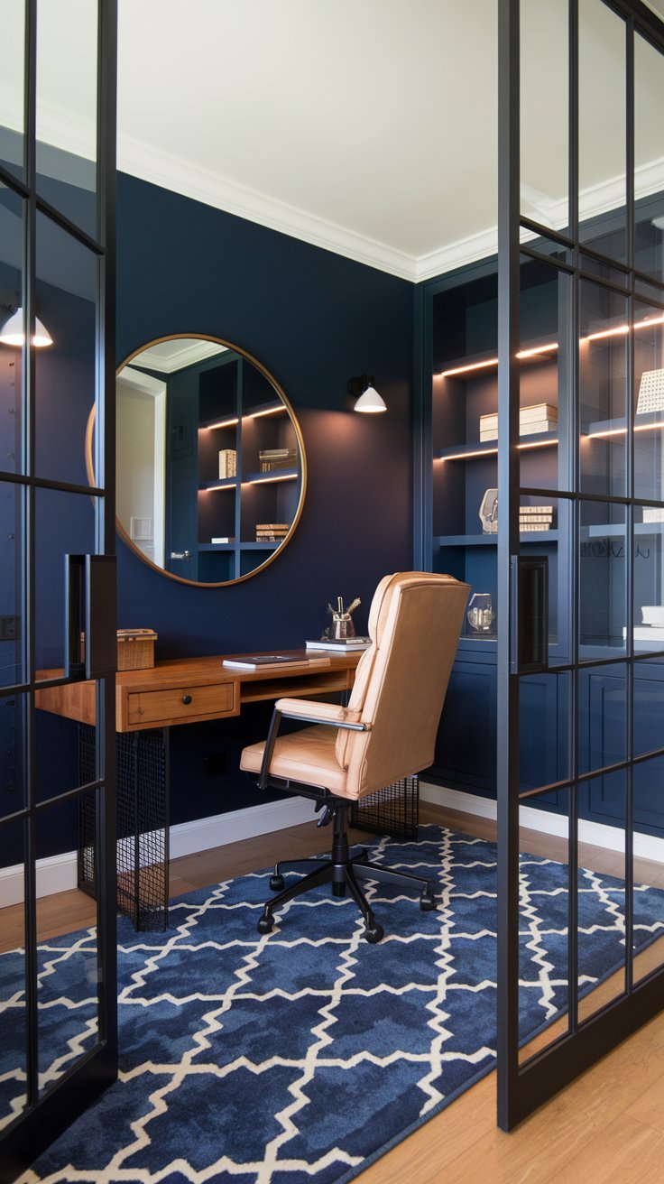 Bureau en bois dans un coin bleu marine avec miroir rond et verrière