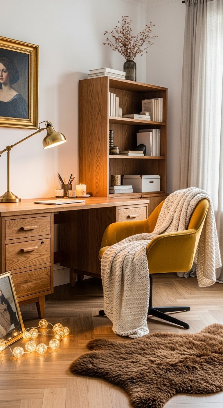 Bureau en bois de style classique avec chaise en velours jaune