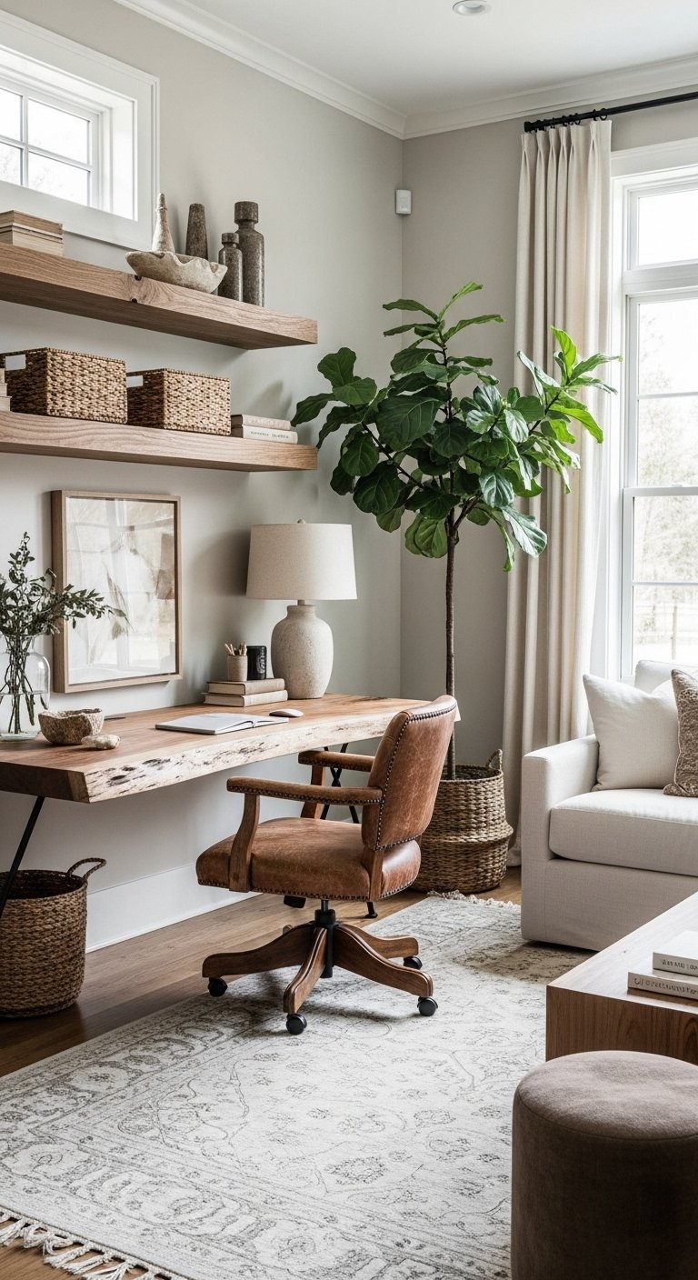 Bureau flottant en bois brut avec une chaise de bureau en cuir marron