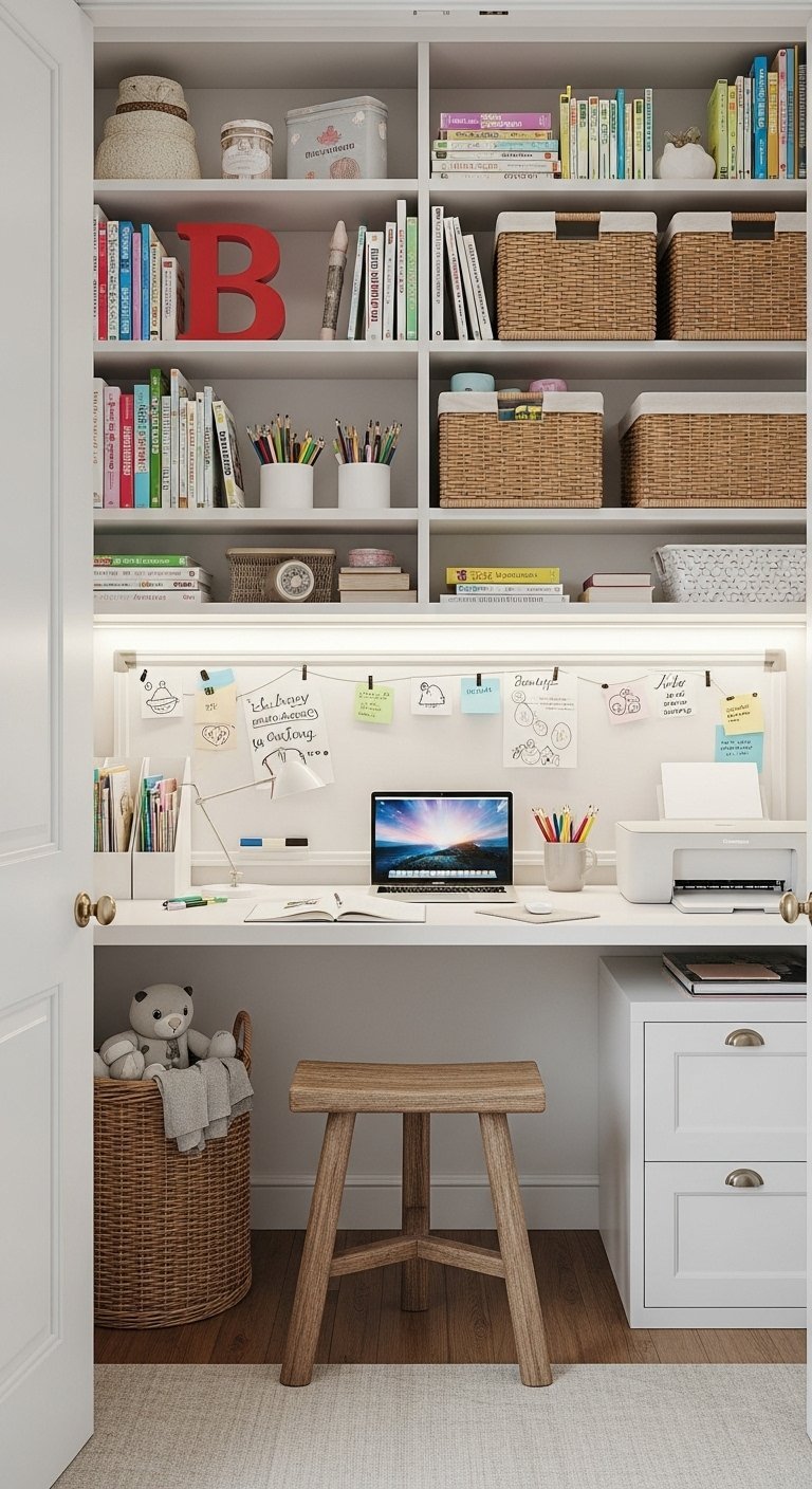 Bureau pour enfant bien organisé avec de nombreuses étagères et des paniers de rangement
