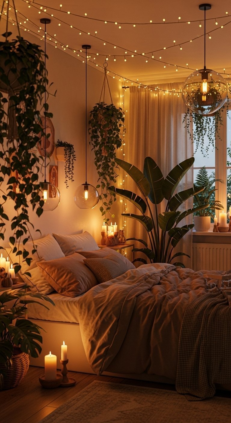 Chambre cosy remplie de plantes et éclairée à la bougie
