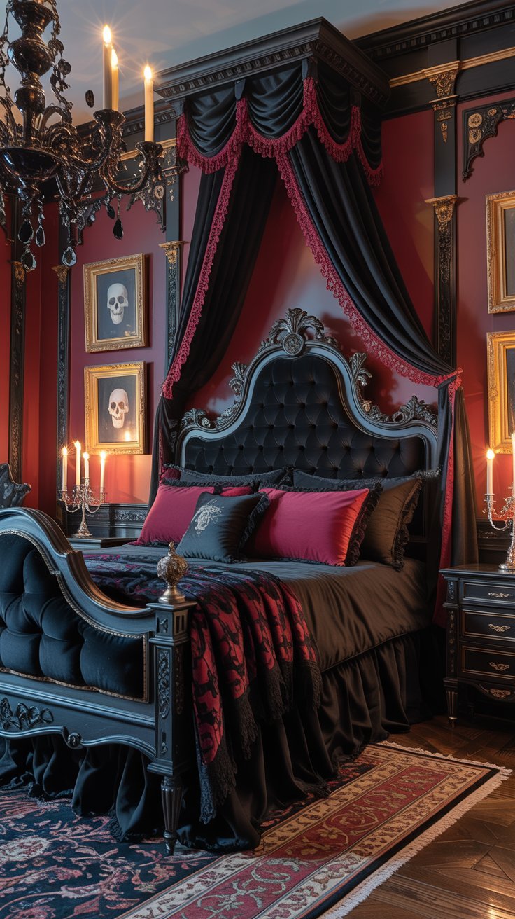 Chambre minimaliste noire avec décoration murale de chauves souris