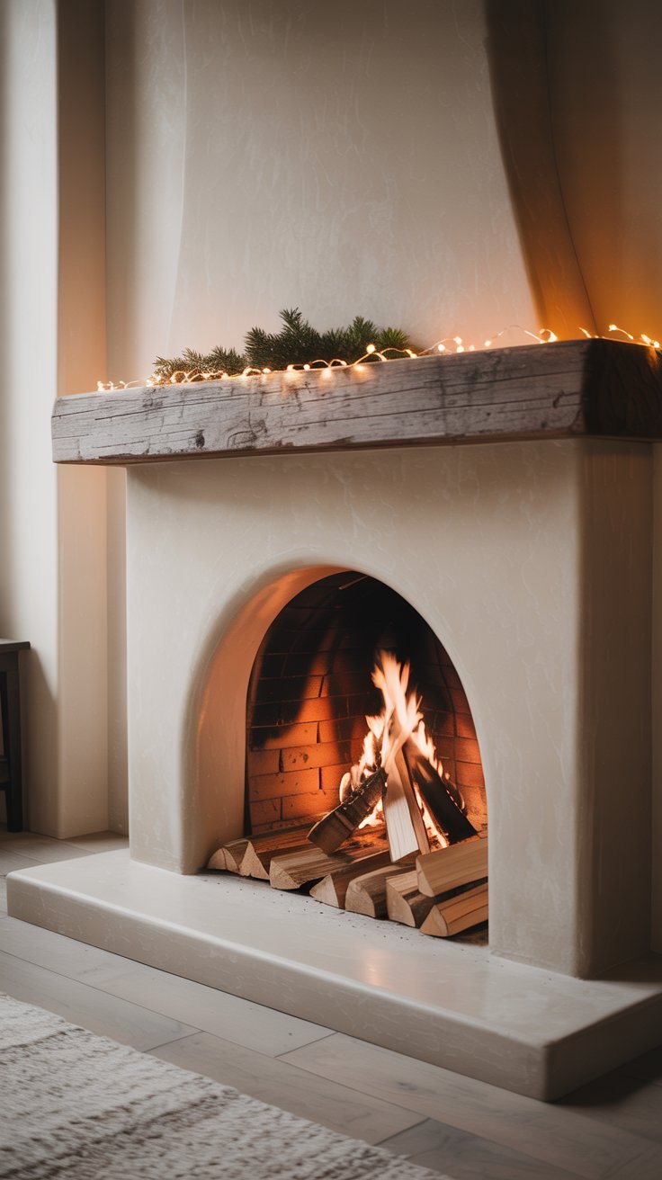 Cheminée de style rustique avec une poutre en bois et un feu allumé