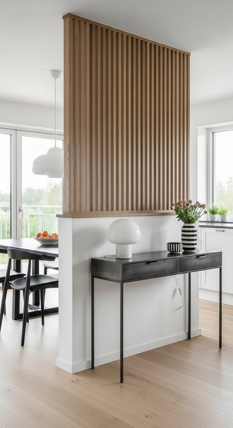 Claustra en bois sur muret séparant une salle à manger