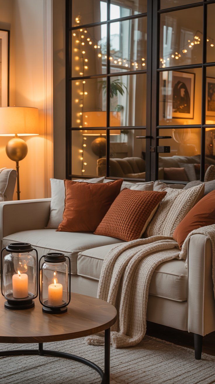 Coin de salon confortable avec canapé beige et lanternes à bougies