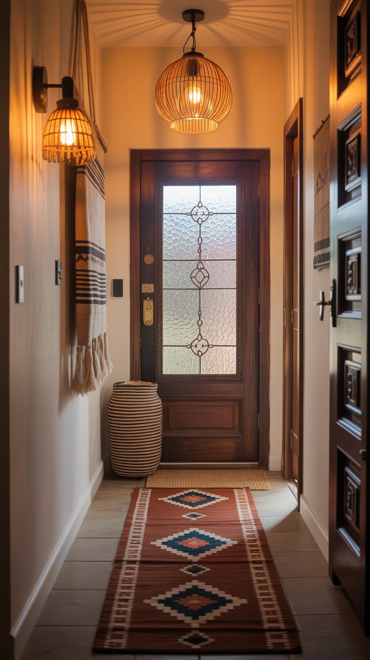Couloir d entrée avec luminaires en rotin et tapis géométrique