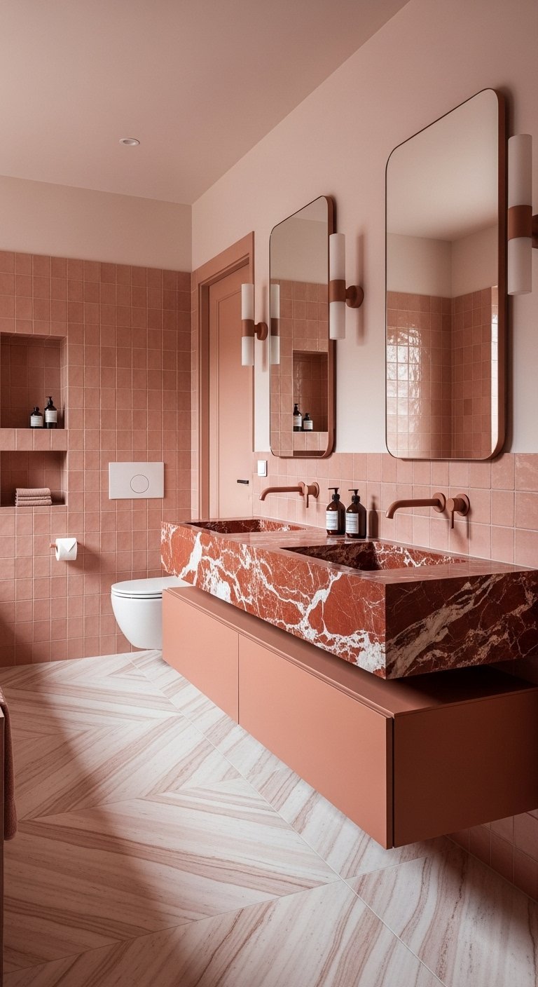 Double vasque en marbre rouge sur un meuble terracotta