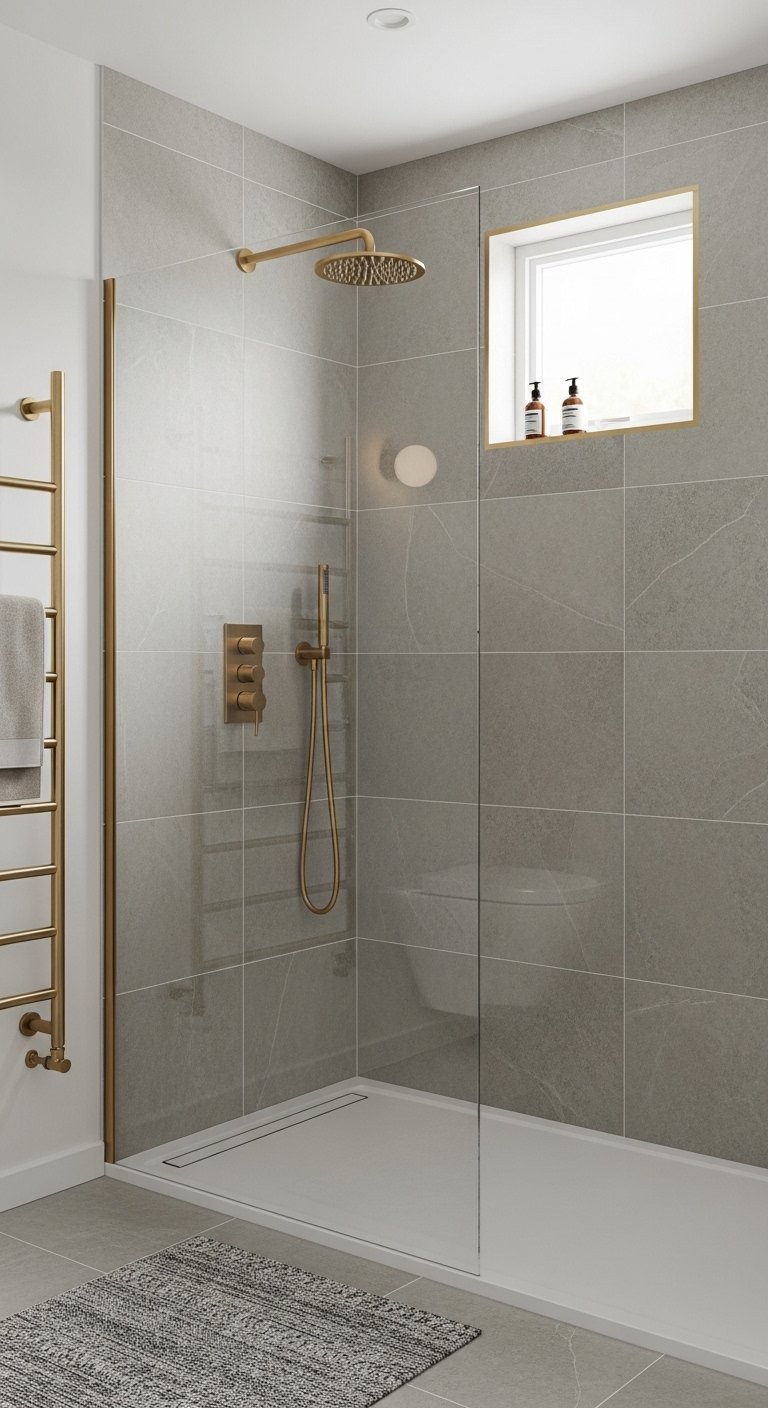 Douche à l italienne spacieuse avec carrelage gris et robinetterie dorée