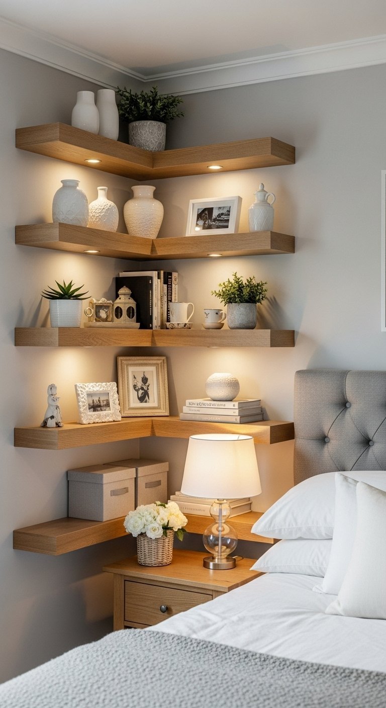 Étagères d angle en bois illuminées au dessus de la table de chevet